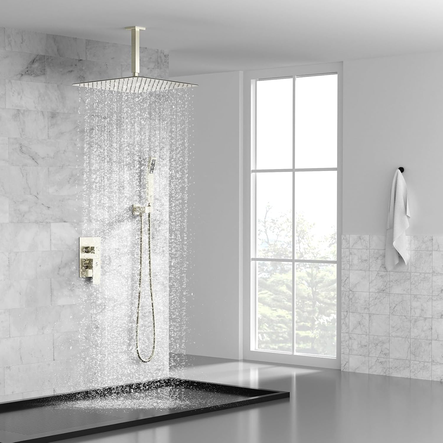 SR SUN RISE 16 Inches Brushed Nickel Shower System Bathroom Luxury Rain Mixer Shower Combo Set Ceiling Mounted Rainfall Shower Head Faucet (Contain Shower Faucet Rough-In Valve Body and Trim)