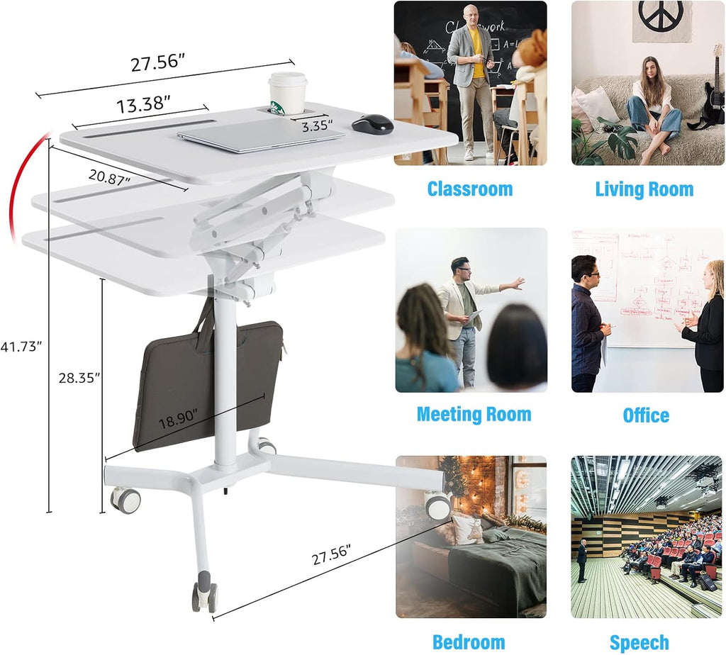 Lipo Mobile Sit Stand Desk - Height Adjustable Standing Laptop Desk Cart Rolling Couch Table on Wheels White Workstation with Gas Spring Riser for Home Office Classroom