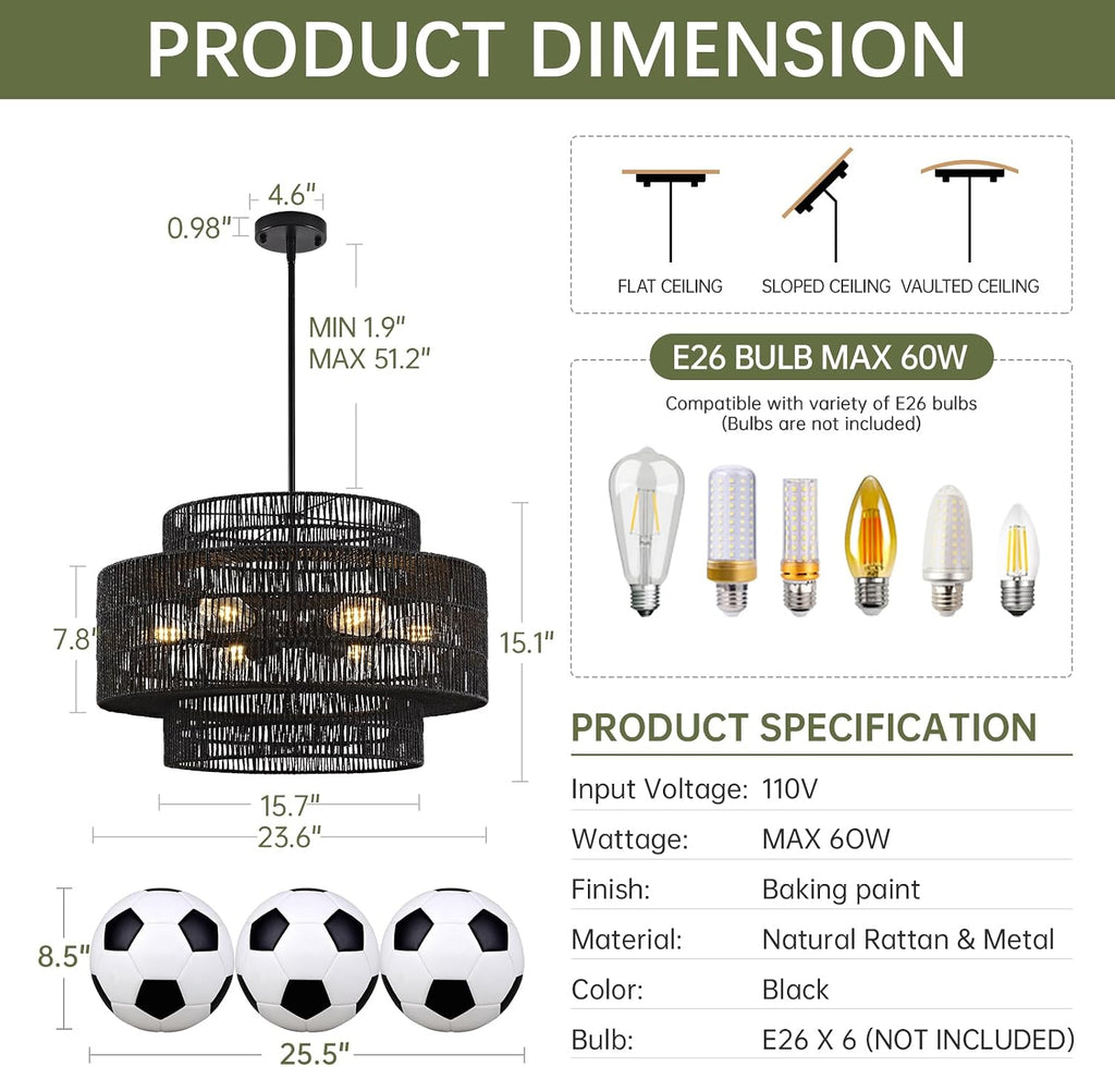 24' Black Boho Large Rattan Chandelier Light Fixture,6-Light Large Hand Woven Pendant Light Fixture Farmhouse Rustic Chandeliers for Kitchen Bedroom, Dining Room, Living Room, Hallway, Foyer