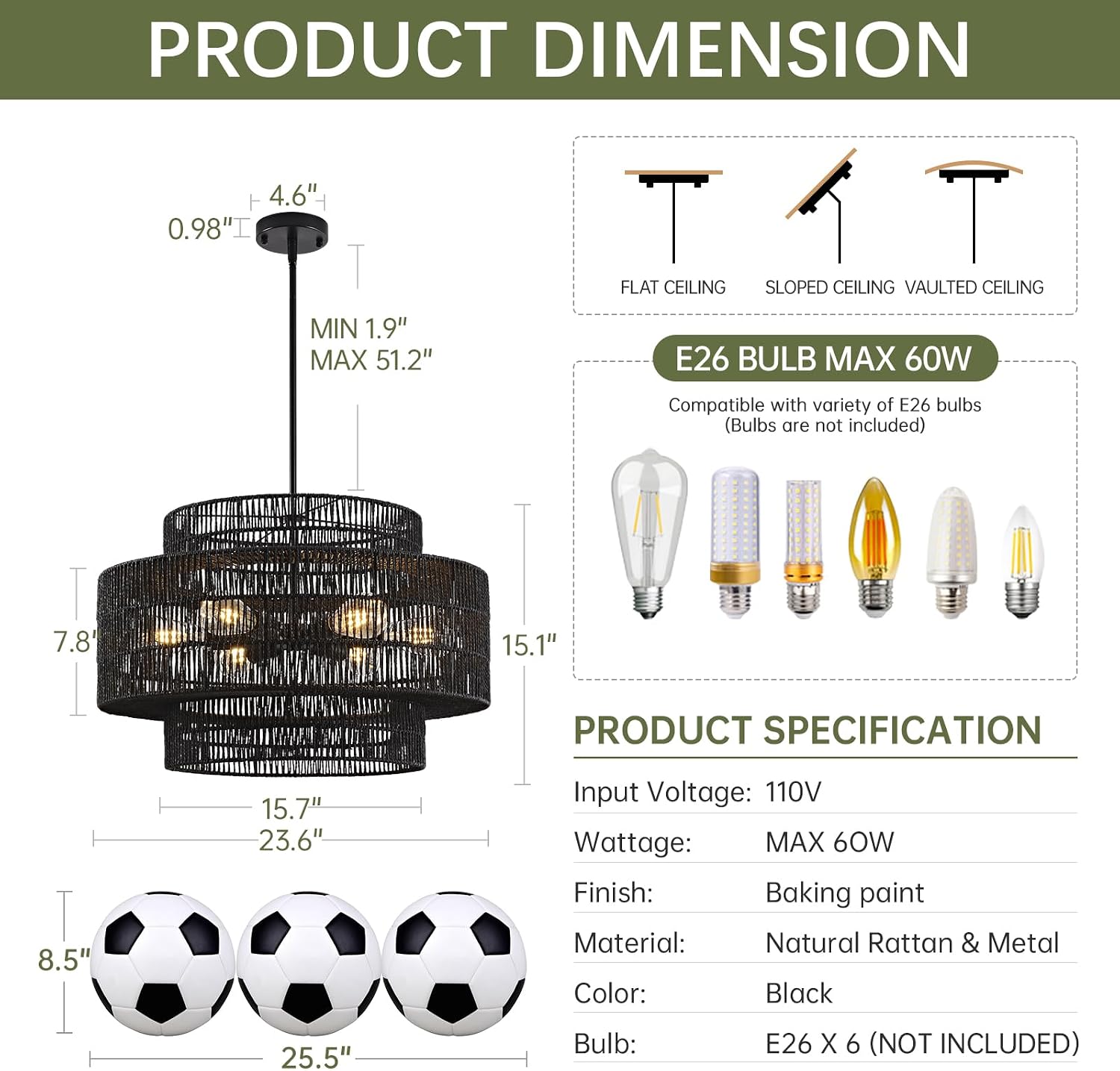 24' Black Boho Large Rattan Chandelier Light Fixture,6-Light Large Hand Woven Pendant Light Fixture Farmhouse Rustic Chandeliers for Kitchen Bedroom, Dining Room, Living Room, Hallway, Foyer