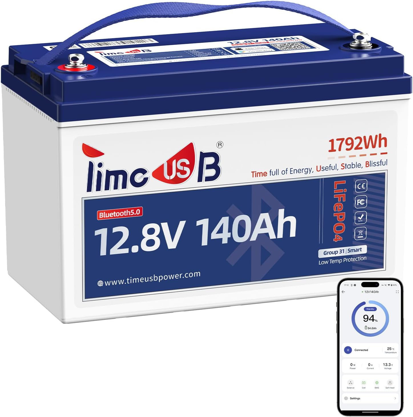 12V 140Ah Lithium Battery with Bluetooth, Timeusb LiFePO4 Battery with Low-Temp Protection, 150A BMS, BCI Group31, Prefect for RV, Trolling Motor, Marine, Energy Storage, Solar Off-Grid