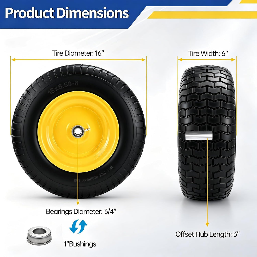 2 Pcs 16x6.50-8 Flat Free Lawn Mower Tire and Wheel, 16x6.5-8 Solid Turf Tire with 3/4' Bearing & Extra 1' Bushing, 3'-5' Offset Hub, Replacement Front Tire for Riding Mower and Graden Tractor, 550LBS