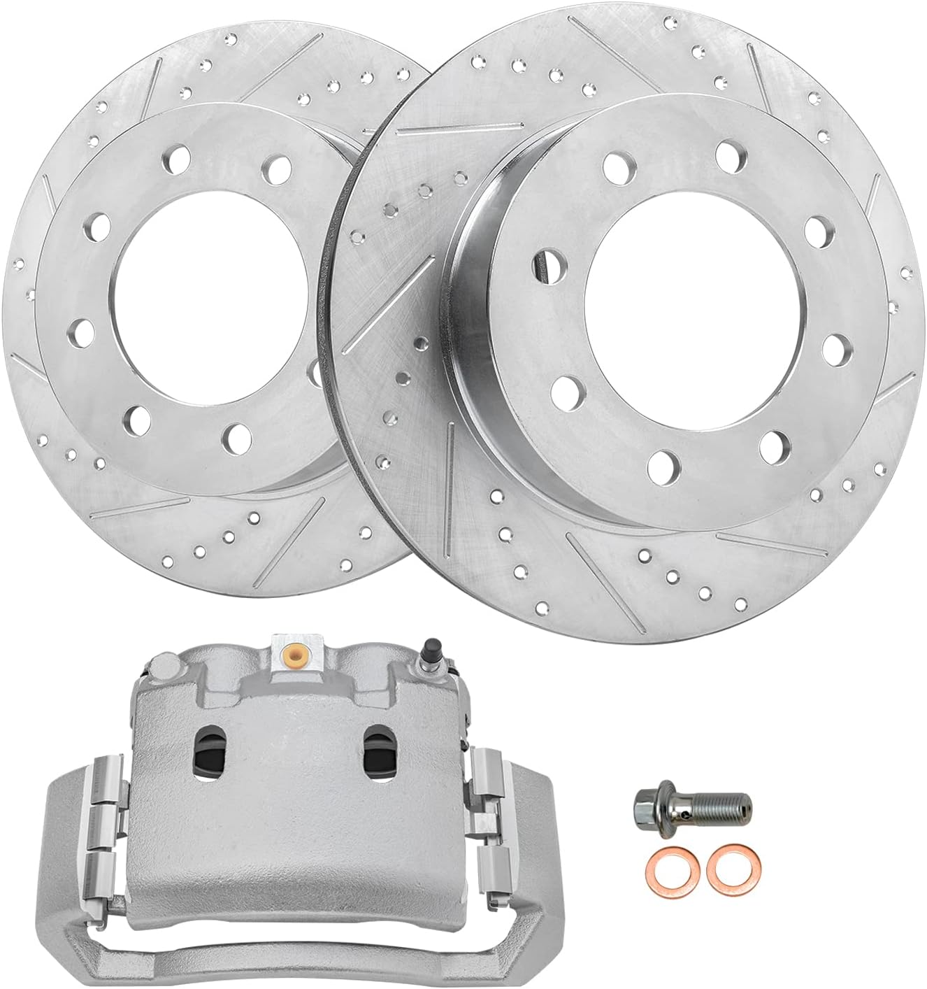 Detroit Axle - Front Brake Kit for 2003-2008 Dodge Ram 2500 3500 Drilled & Slotted Brake Rotors Right Brake Caliper 2004 2005 2006 2007 Replacement [13.9 inch Rotors]