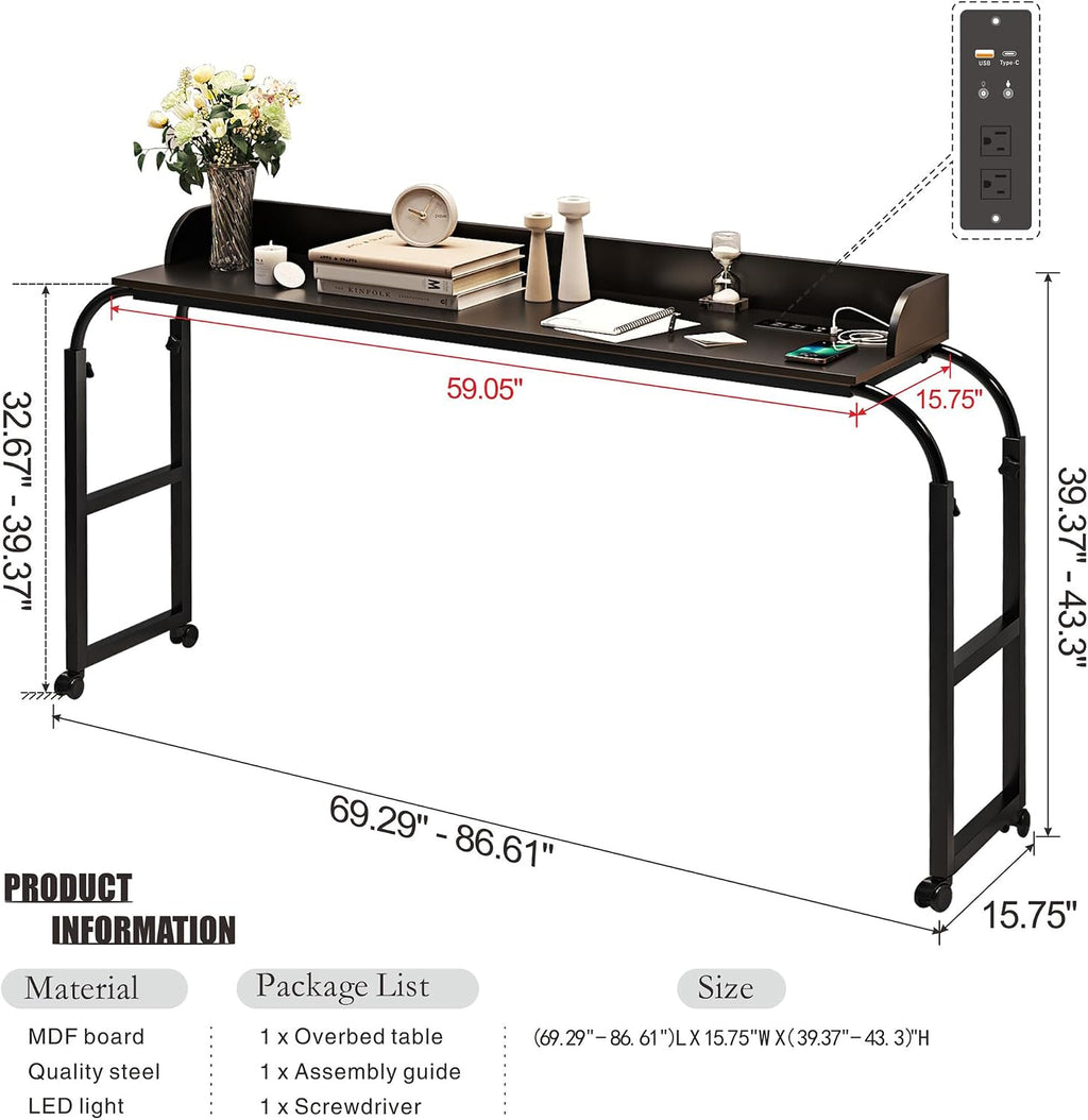 HWB Over Bed Desk with Auto-Sensor LED Lights,Over Bed Table with Wheels Adjustable Height with Charging Station,Beside Table,Rolling Tray Table for Laptop and Writing for Living Room,Black