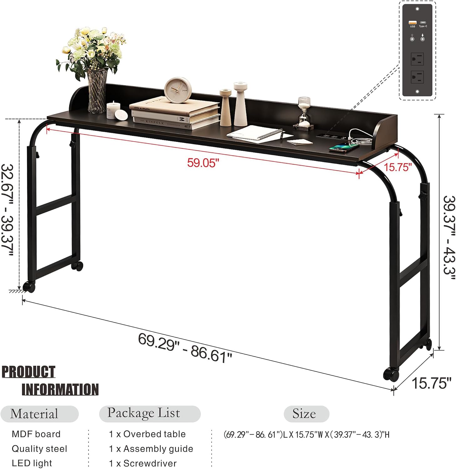 HWB Over Bed Desk with Auto-Sensor LED Lights,Over Bed Table with Wheels Adjustable Height with Charging Station,Beside Table,Rolling Tray Table for Laptop and Writing for Living Room,Black