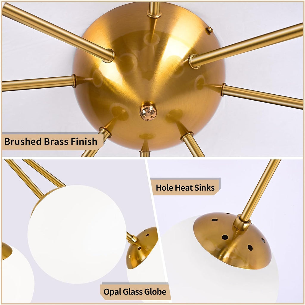 Bagood 8 Light Mid Century Modern Ceiling Light Semi Flush Mount Ceiling Light Fixture Globe Lights Sputnik Chandelier with Milk Glass Shade Brushed Brass Finish for Bedroom Hallway Living Room