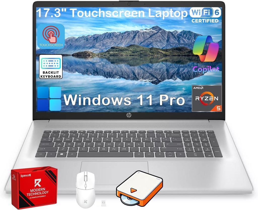 HP 17 Touchscreen Laptop Computer, 17.3' HD+ AntiGlare Display, Backlit Keyboard, Win11 Pro, AMD Ryzen 5 7430U, for Business & Student, Fast Charge, AI Copilot, w/Accessories, 16GB RAM,512GB SSD