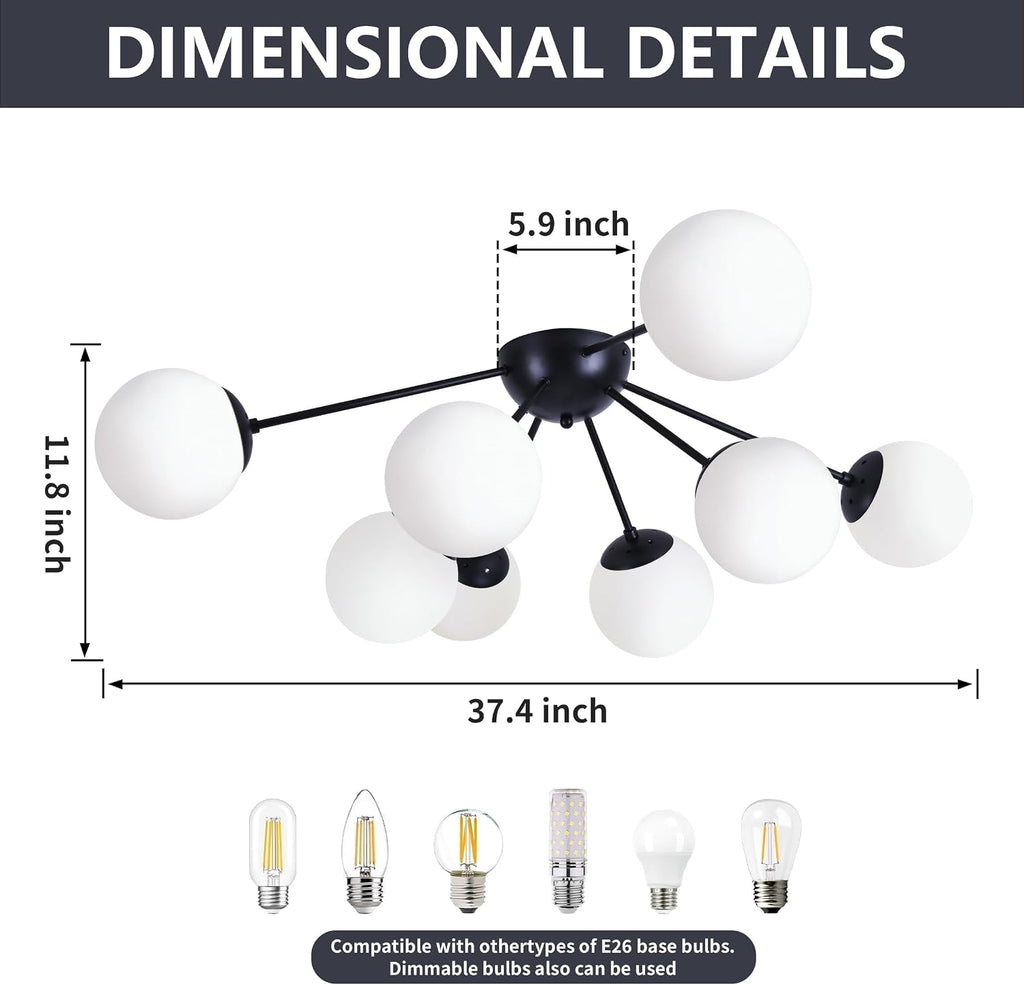Bagood 8 Light Mid Century Modern Semi Flush Mount Ceiling Light Fixture Globe Ceiling Light Sputnik Chandelier with Milk Glass Shade Matte Black Finish for Bedroom Hallway Dining Room Living Room