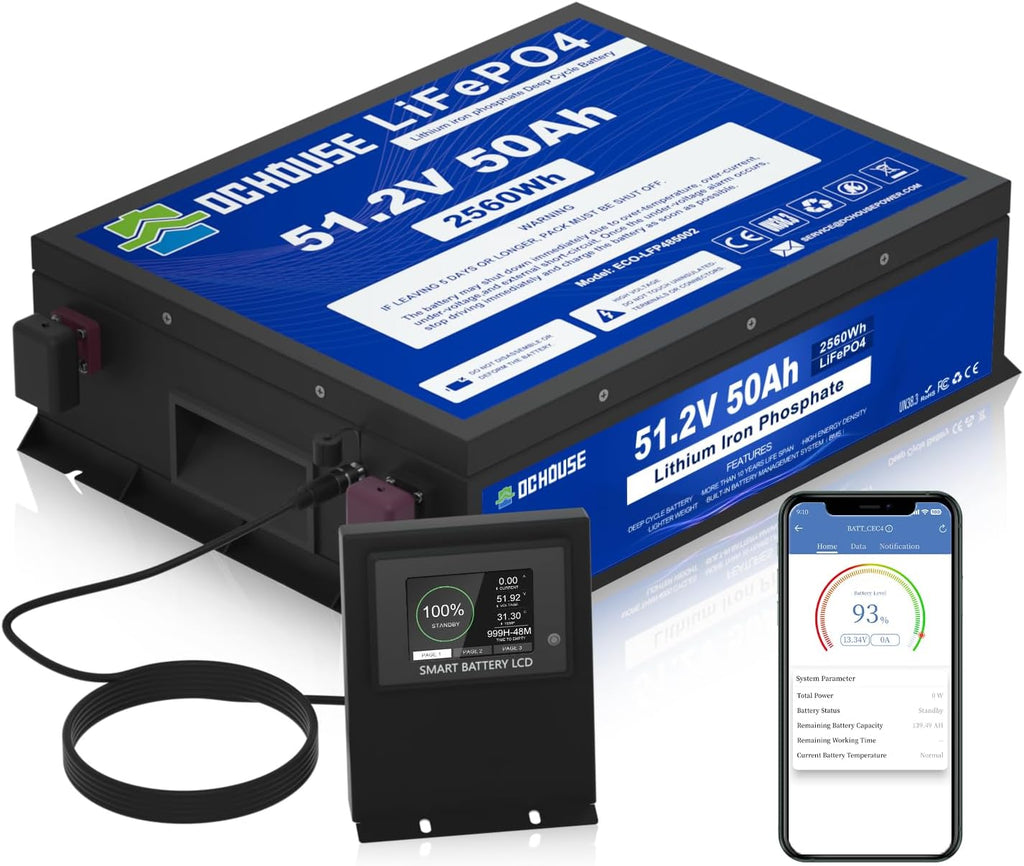 DC HOUSE 48V 50Ah LiFePO4 Golf Cart Battery, Built-in 100A BMS-2C,Bluetooth & Low Temp Cut-Off, Suitable for both Club car, Yamaha golf carts, Ryobi Mowers, Trolling Motor
