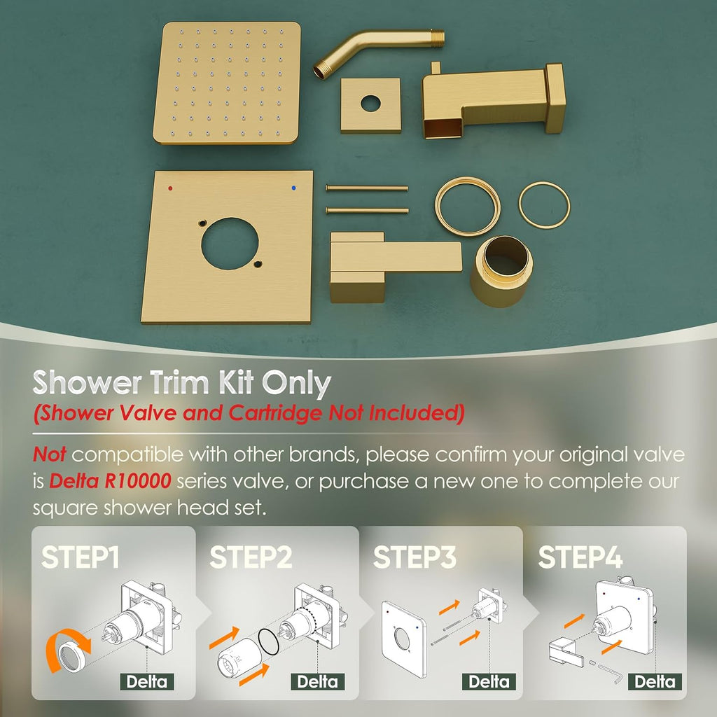 Replacement for Delta Shower Trim Kit Modern 14 Series, All Metal Tub Shower Faucet Set, 6-Inch Brushed Gold Shower Head and Handle Set(Valve and Cartridge Not Included)
