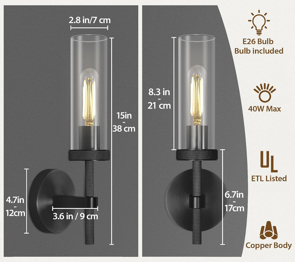Black Wall Sconces Set of Two, 14' Bathroom Vanity Sconce Light, Glass Tube Wall Sconces, Sconces Wall Lighting Indoors, Wall Lights for Mirror, Living Room, Bedroom, Hallway (including bulb)