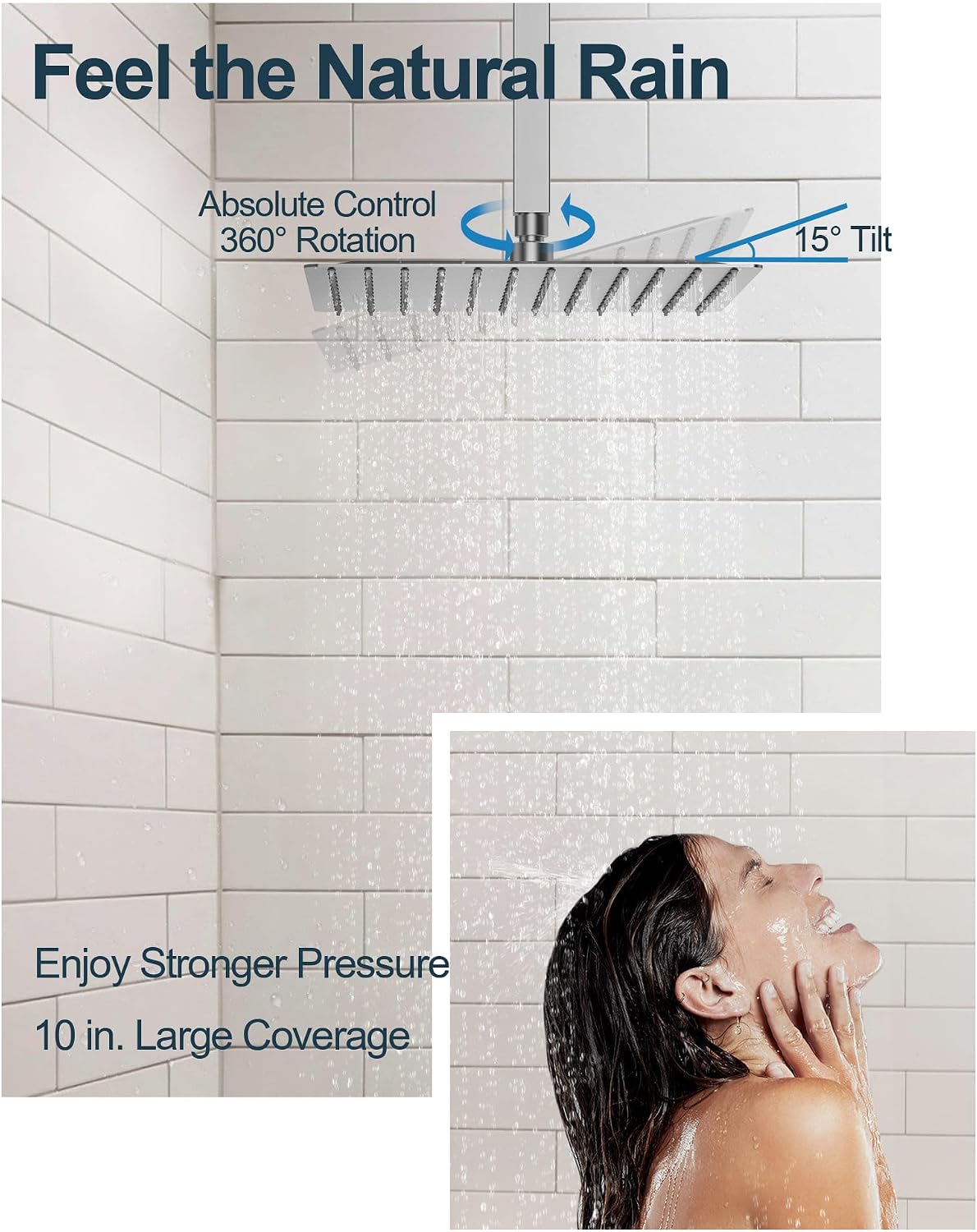 Brushed Nickel 3-Function Shower System with 10' Rainfall & 6' Secondary Shower Head, Handheld Combo Set, Wall Mounted cUPC Certified Pressure Balance Valve