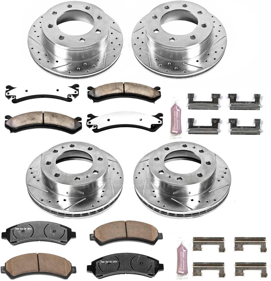 PowerStop Front & Rear Brake Kit For GMC Sierra 2500 HD 2001-10 |Chevy Silverado 2500 HD 2001-10 - Truck & Tow Carbon Fiber Ceramic Brake Pads + Drilled & Slotted Rotors Upgrade, K2073-36