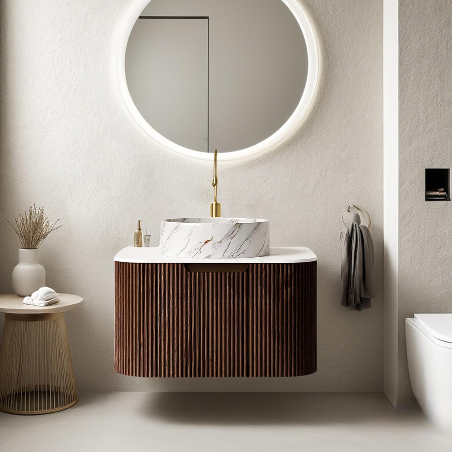 24' Floating Bathroom Vanity with Sink, Modern Wall-Mount Storage Cabinet with Ultra-Thin Ceramic Basin and Marble Top, Large Storage Drawer, Soft-Close Design, Pre-Assembled, Dark Walnut
