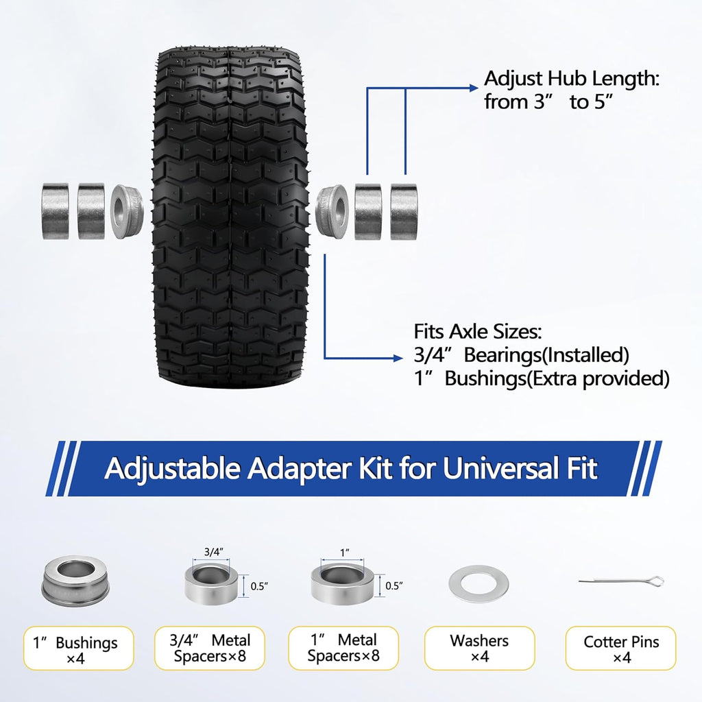 2 Pcs 16x6.50-8 Tubeless Lawn Mower Tire and Wheel, 16x6.5-8 Air-Filled Replacement Tires for Riding Mowers and Lawn Tractors, with 3/4' Bearings & Extra 1' Bushings, 3'-5' Offset Hub, Yellow Rim