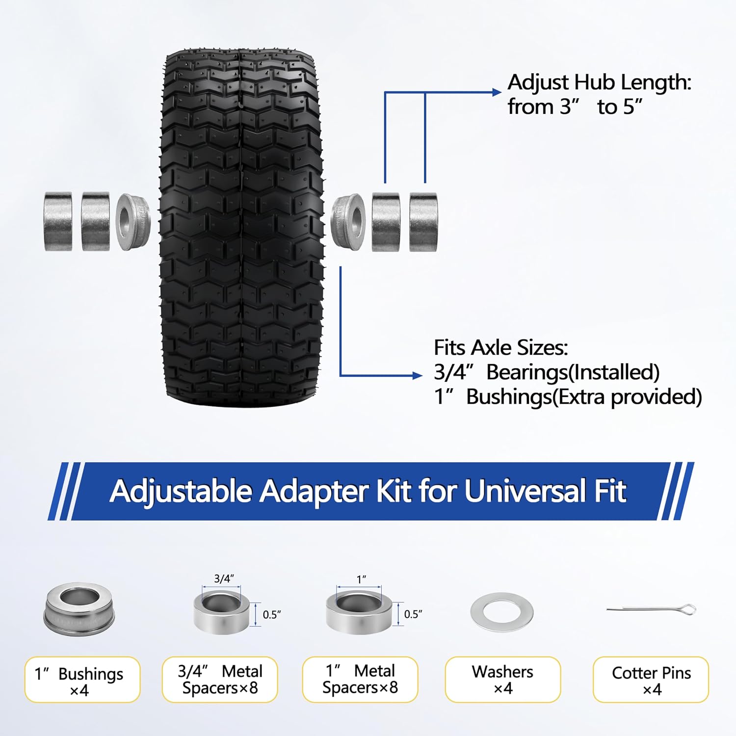 2 Pcs 16x6.50-8 Tubeless Lawn Mower Tire and Wheel, 16x6.5-8 Air-Filled Replacement Tires for Riding Mowers and Lawn Tractors, with 3/4' Bearings & Extra 1' Bushings, 3'-5' Offset Hub, Yellow Rim