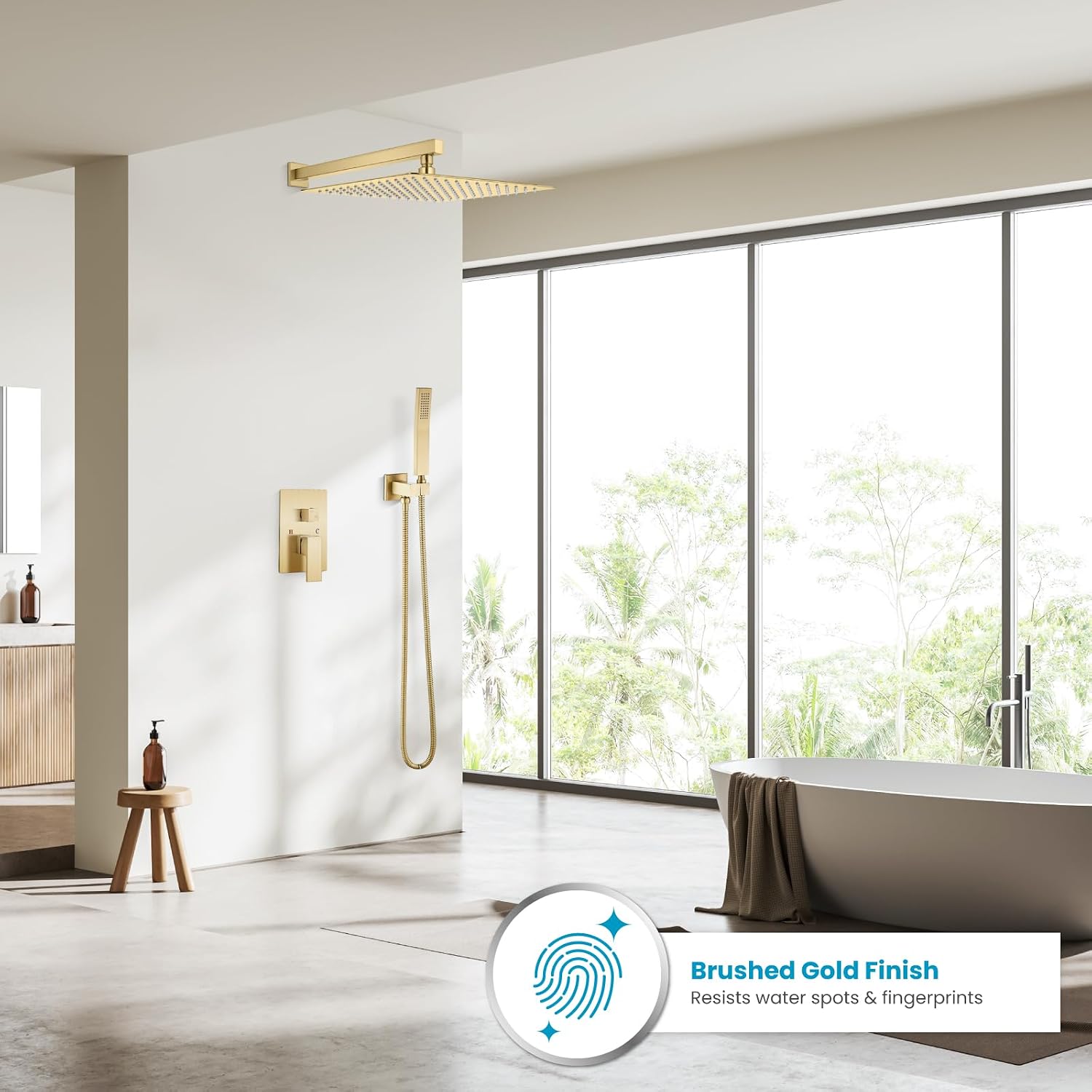 gotonovo Rainfall Bathroom Shower System Rain Shower Head and Handle Set Wall Mounted Shower Complete Combo Solid Brass Pressure Balancing Shower Mixer Valve 16 Inch Brushed Gold