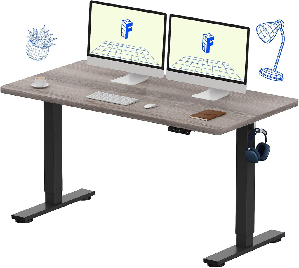 FLEXISPOT EN1 One-Piece Standing Desk, Electric Adjustable with 4 Memory Presets, 176 LBS Capacity, Stable & Quiet, Seamless Desktop for Home Office & Dual Monitors, 55'x28' Gray Wood