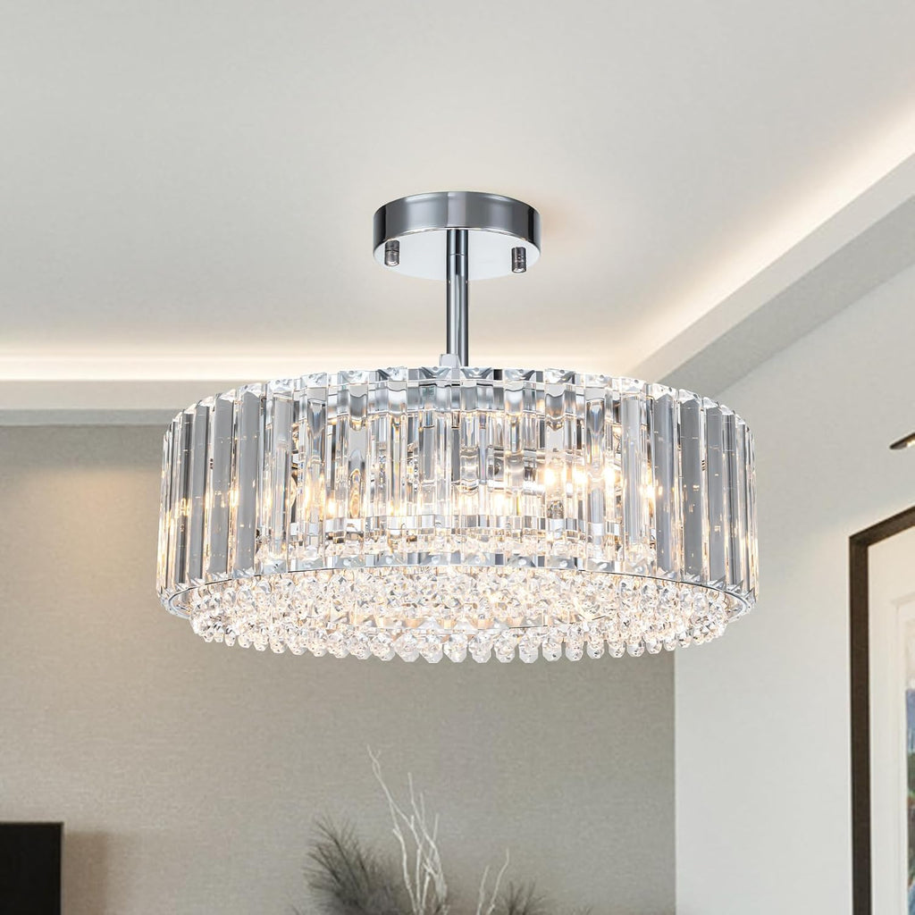 Lingkai 15.8' Modern Crystal Chandelier Chrome Round Semi Flush Mount Ceiling Light Fixture Chandelier for Living Room Dinning Room Bedroom Hallway Entryway Kitchen