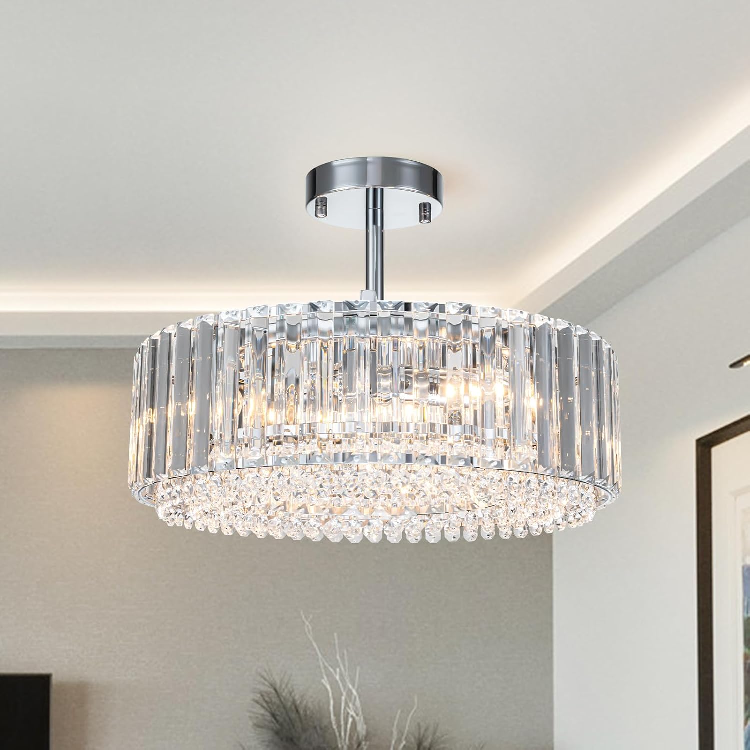 Lingkai 15.8' Modern Crystal Chandelier Chrome Round Semi Flush Mount Ceiling Light Fixture Chandelier for Living Room Dinning Room Bedroom Hallway Entryway Kitchen