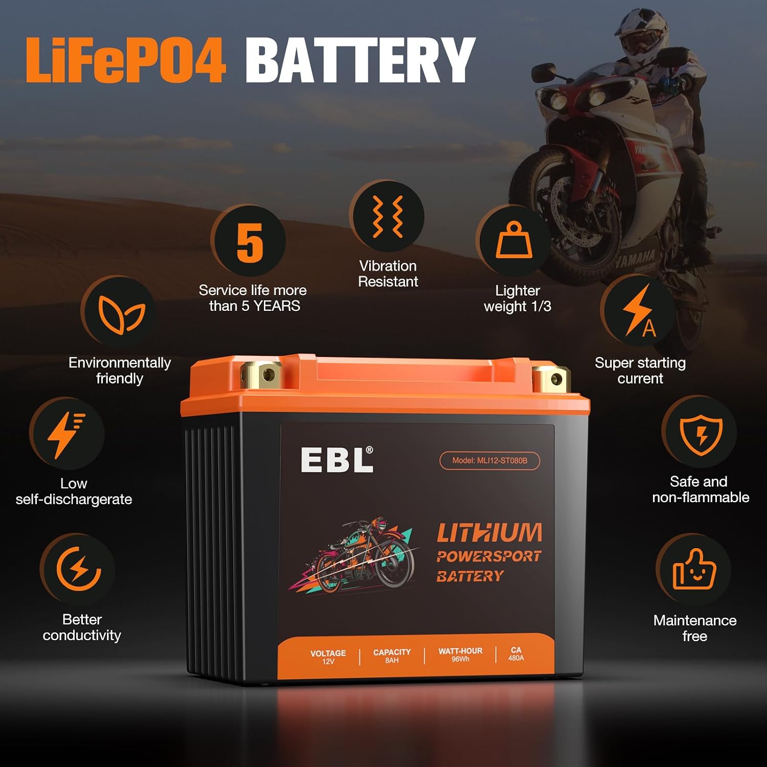 EBL Lithium YTX12-BS, 240CCA Lithium LiFePO4 Motorcycle Battery, 12V 8Ah ATV, UTV, Jet Ski, 4 Wheeler, Quad, Riding Lawn Mower, Tractor, Scooter, PWC, Seadoo, Polaris and Generator Battery
