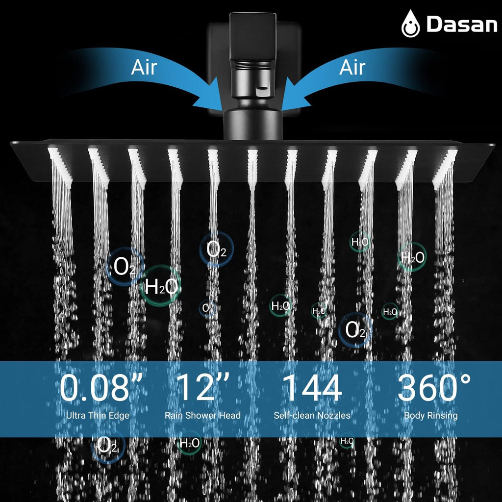 Full Body Rain Shower System with 4 Body Shower Jets & 12'' Wall Mount Rainfall Shower Head & Handheld, DASAN Multi Shower Head System Matte Black Rain Shower Faucets sets Combo with Rough-in Valve
