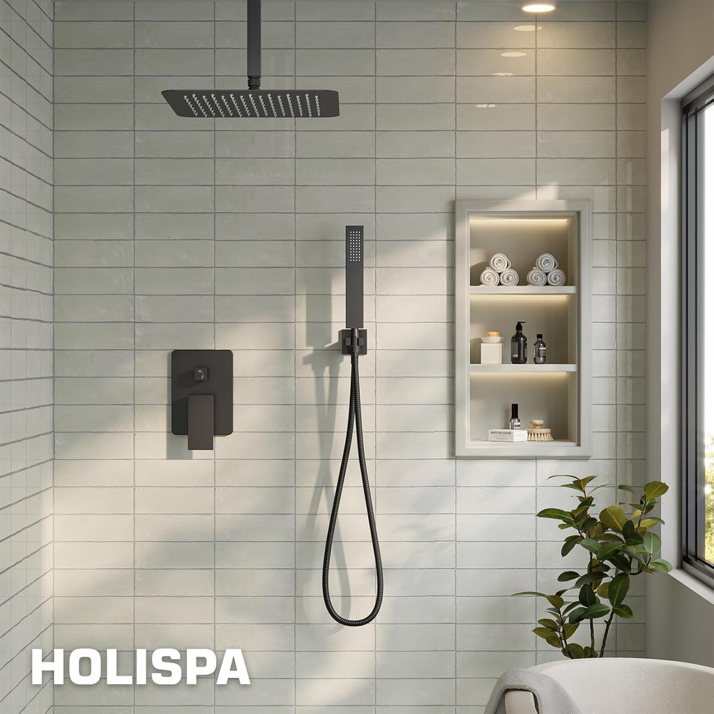 Ceiling Mount Shower System, Black Shower Faucet Set with 12-Inch Rain Showerhead and Handheld Spray Combo, High-Pressure Showerheads Set with Valve and Trim Kit, Matte Black
