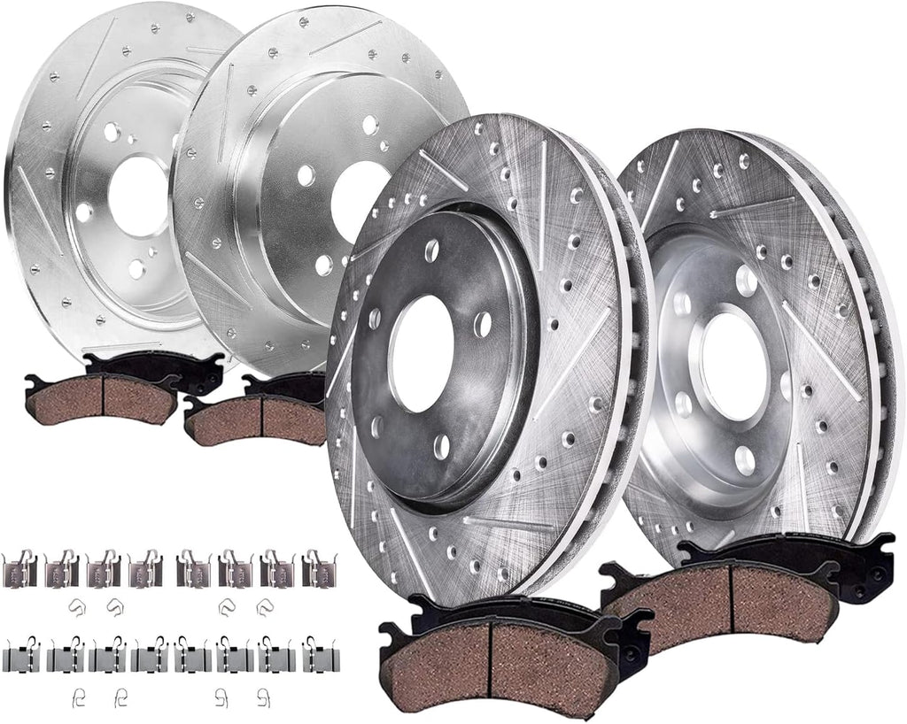 Detroit Axle - Brake Kit for Toyota 2012-2017 Prius V, 10.83' inch Front and 11.42' inch Rear Drilled and Slotted Disc Brake Rotors Ceramic Brakes Pads with Hardware 2013 2014 2015 2016 Replacement