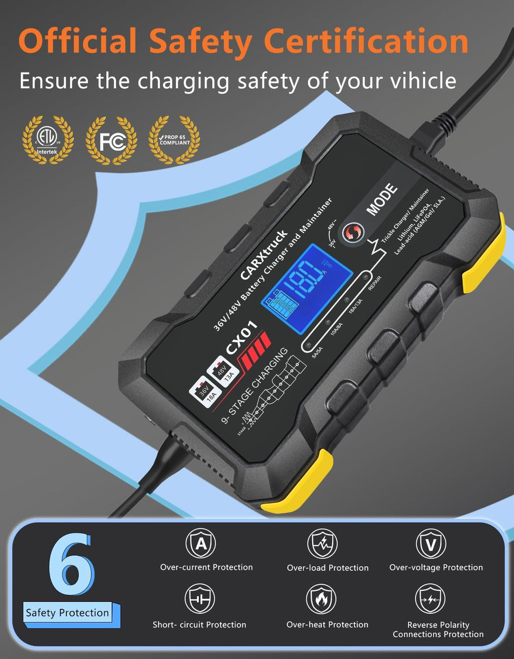 36V 18A & 48V 13A Golf Cart Battery Charger for EZGO TXT with D Style Plug, Smart Trickle Charger
