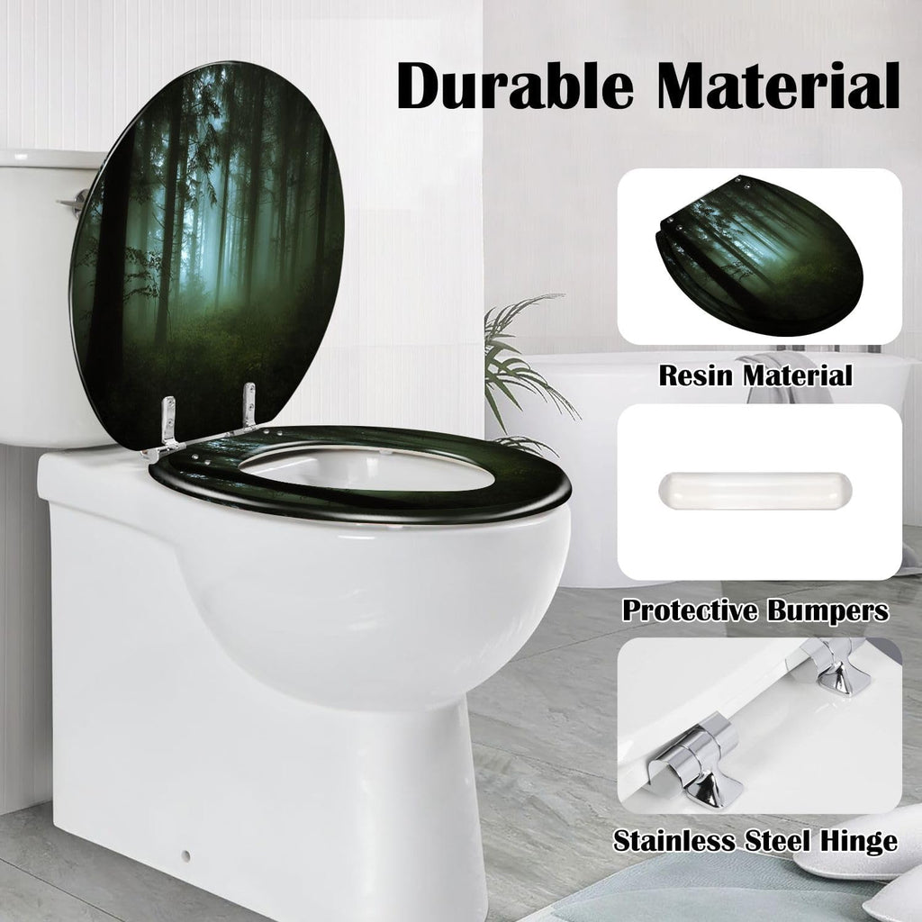 Round Toilet Seat green forest fog morning Resin Toilet Seat Slow Quiet Close Lid with Quick-Release Hinges Cover Bumpers Easy to Clean Install