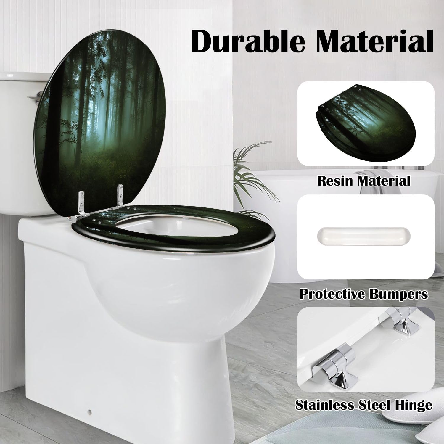 Round Toilet Seat green forest fog morning Resin Toilet Seat Slow Quiet Close Lid with Quick-Release Hinges Cover Bumpers Easy to Clean Install