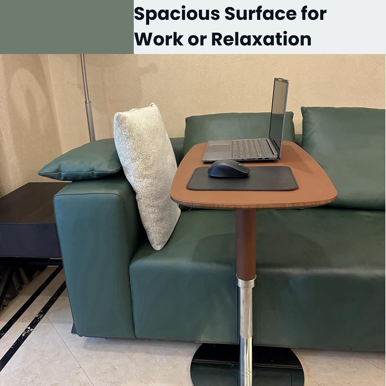 Adjustable Swivel Table with Faux Saddle Leather Cover & Heavy Duty Metal Chassis, Large Laptop Stand for Bed, Sturdy TV Tray for Eating, Modern Couch Table for Living Room