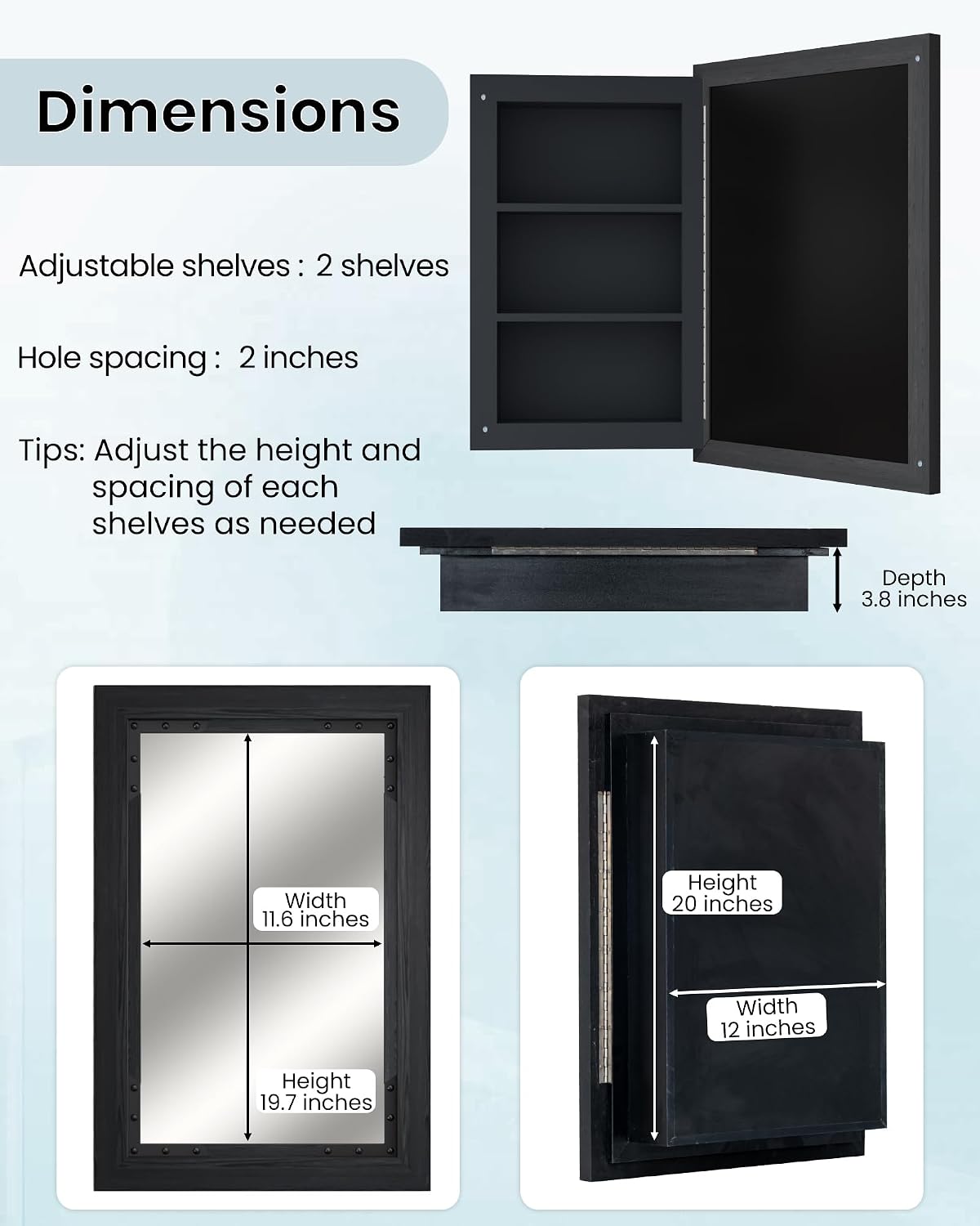 FLYJOE Medicine Cabinet Mirror 16x24 Inch Farmhouse Bathroom Mirror Door Solid Wood Storage Cabinet with Adjustable Shelves, Wall Mounted for Bathroom Living Room, Black