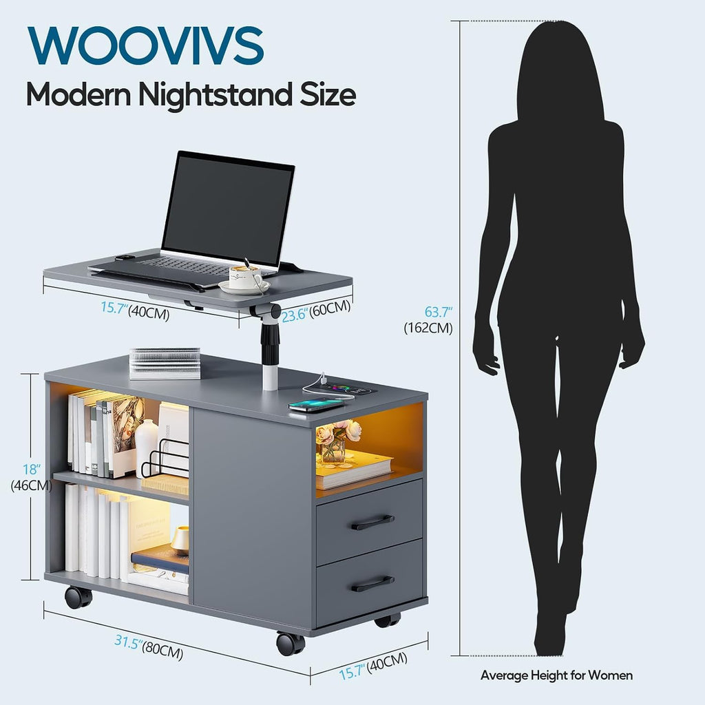 WOOVIVS Nightstand Set of 2 with USB Charging Station, Bedside Table with Storage Drawer, Rotatable Bracket, Modern Design (Grey)