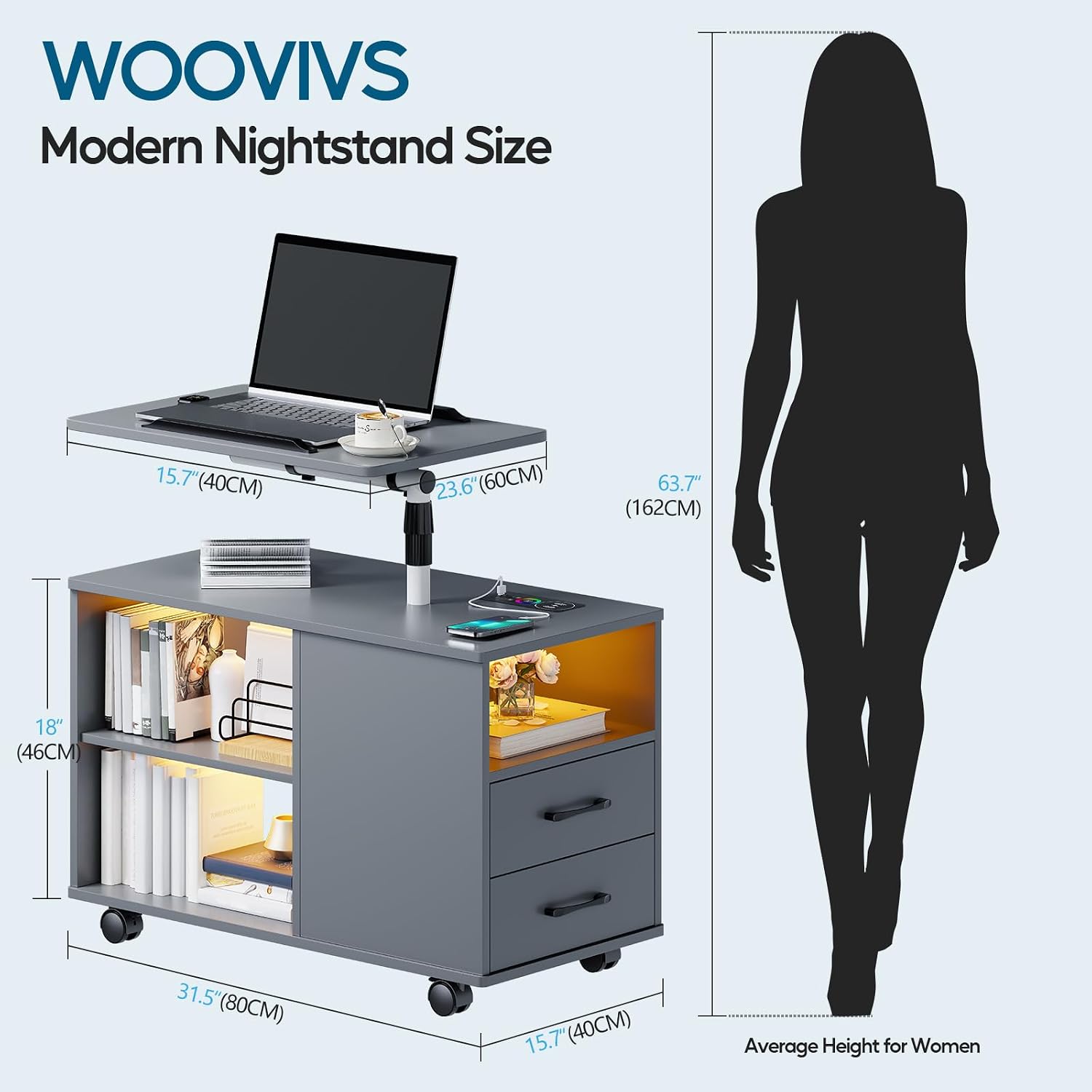 WOOVIVS Nightstand Set of 2 with USB Charging Station, Bedside Table with Storage Drawer, Rotatable Bracket, Modern Design (Grey)