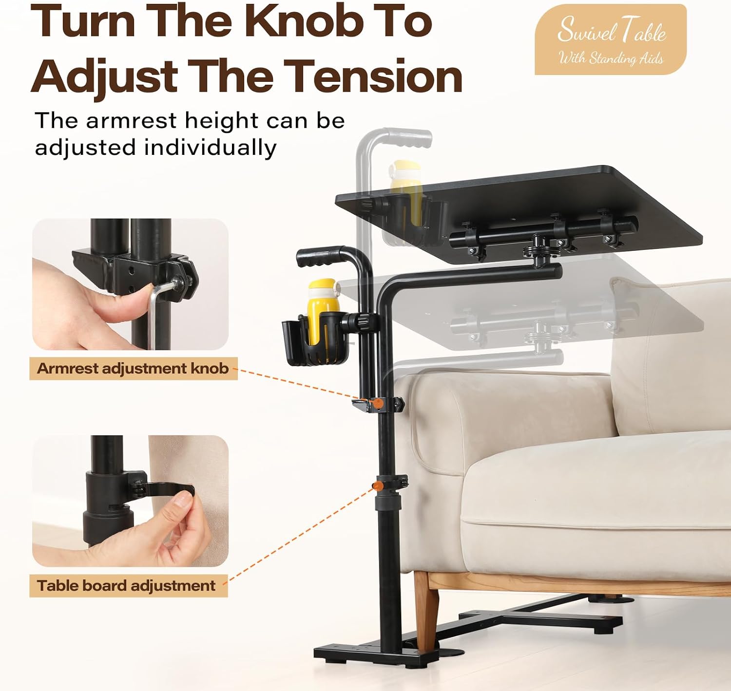 23.6'*15.7' Tray Table, 360° Swivel Table for Recliner, Tv Tray with Ergonomic Stand Assist Safety Individually Adjustable Handle, Laptop Desk for Couch, Sofa and Recliner
