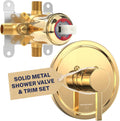 HammerHead Showers Solid Metal Single-Handle Trim Kit with Rough-In Shower Valve, Volume and Temperature Control, Pressure Balance, Polished Brass