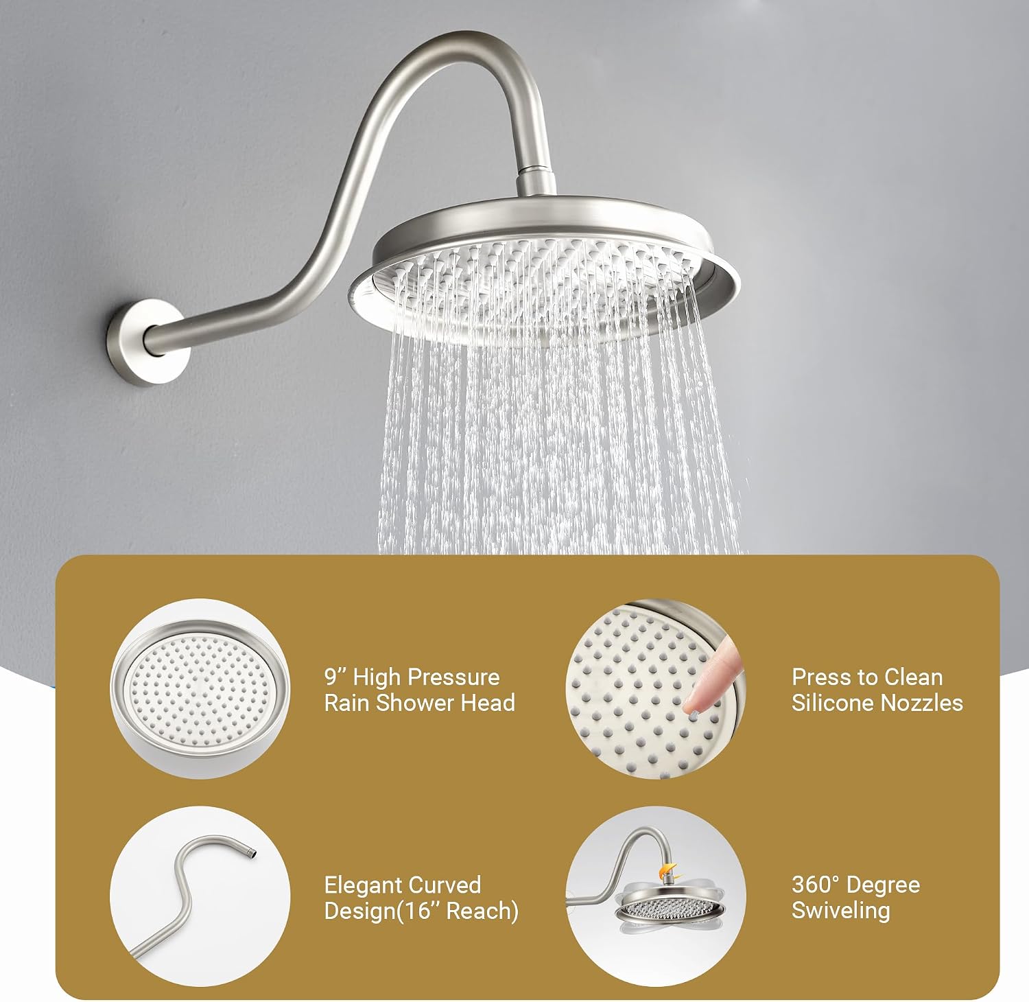DASAN Brushed Nickel Rain Shower System Complete Antique Shower Faucet Sets, Shower Fixtures Combo Set with Pressure Balance Valve, Trim Kit, 9'' Rainfall Overhead Shower & Handheld, AT209W-BN