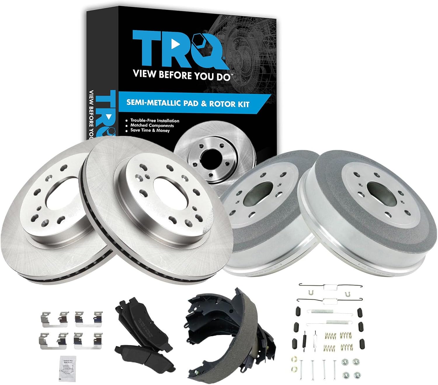 TRQ Front and Rear Brake Pad & Rotor,Shoe & Drum Kit Semi-Metallic Compatible with 2009-2013 Chevrolet Silverado 1500 GMC Sierra 1500