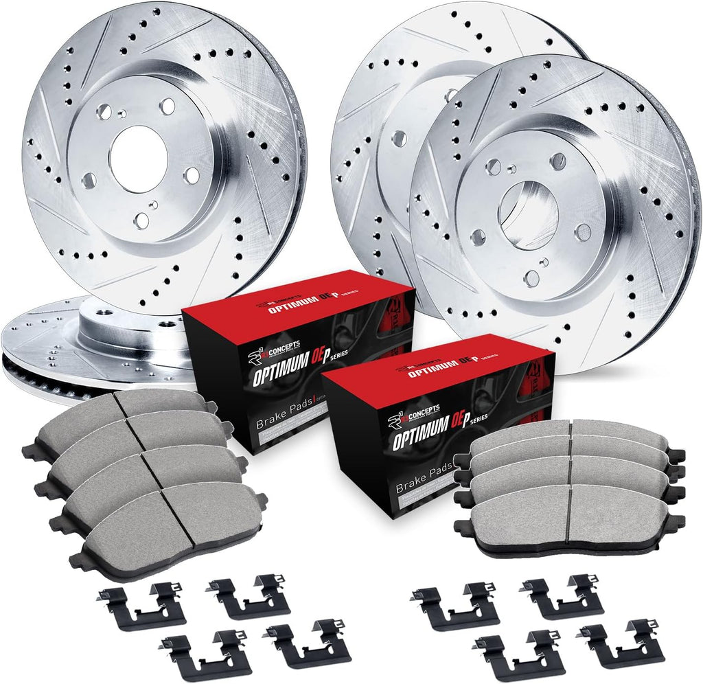 R1 Concepts Front and Rear Brake Kit Fits 2017-2020 Porsche Macan Base Sport Utility 4-Door| Optimum Oep Pads, Drilled Slotted Rotors| Hardware| 13.6' Front & 13.0' Rear
