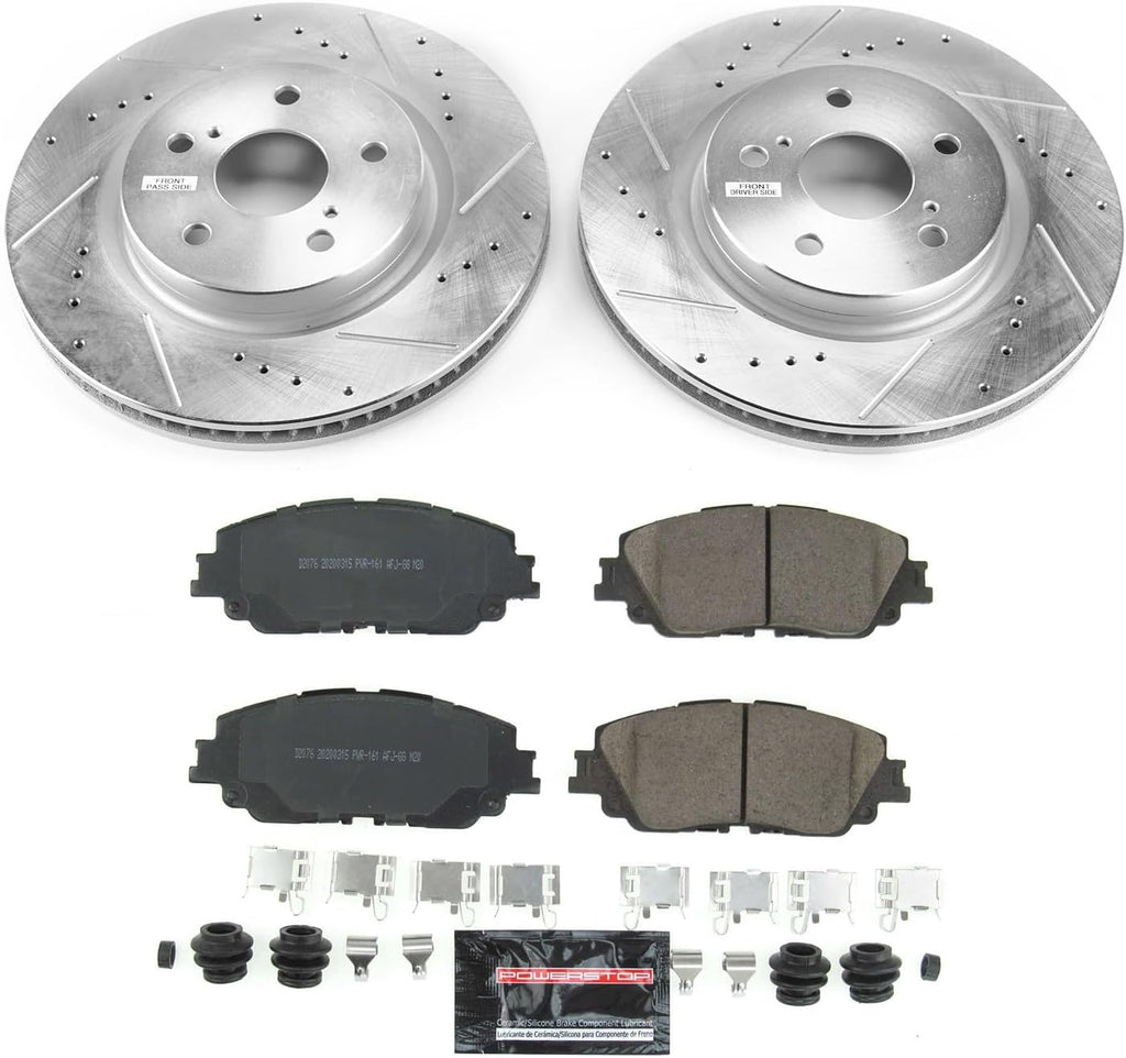 PowerStop Front Brake Kit for Lexus ES250 2021-24 |ES300h 2019-24 |ES350 2019-24 |UX200 2019-22 - Drilled and Slotted Disc Rotors with Carbon-Fiber Ceramic Brake Pads Replacement, K7895