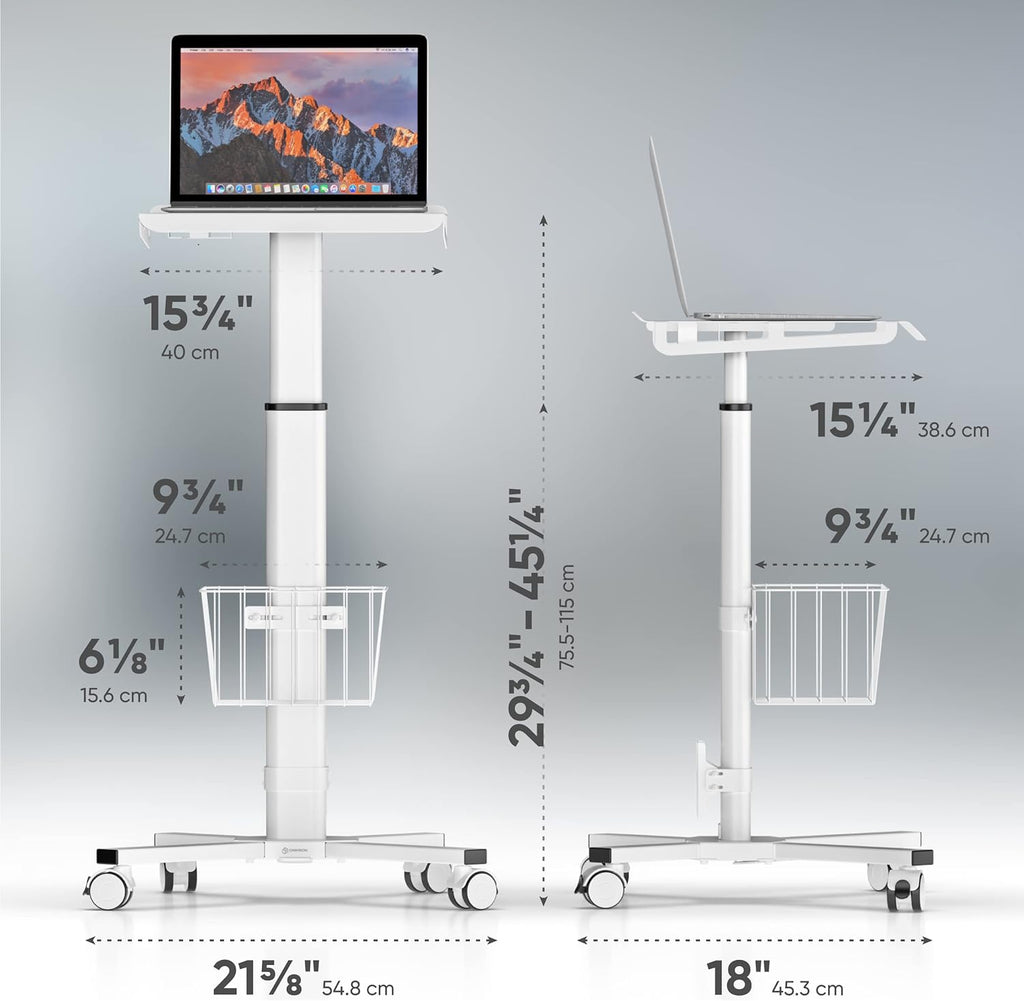 ONKRON Mobile Laptop Cart on Wheels, Load up to 17.6 lbs, Standing Rolling Desk Adjustable Height, Portable Workstation for Laptop/Small Computer Cart for Couch, Home, Office White