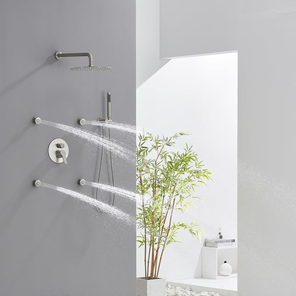 Iriber Brushed Nickel Round Rain Shower System with 4 PCS Body Jets 3 Function Shower Faucet Set Contain 12 Inch Shower Head and Handheld Wall Mounted Pressure Balance Shower Trim Kit (Valve Included)