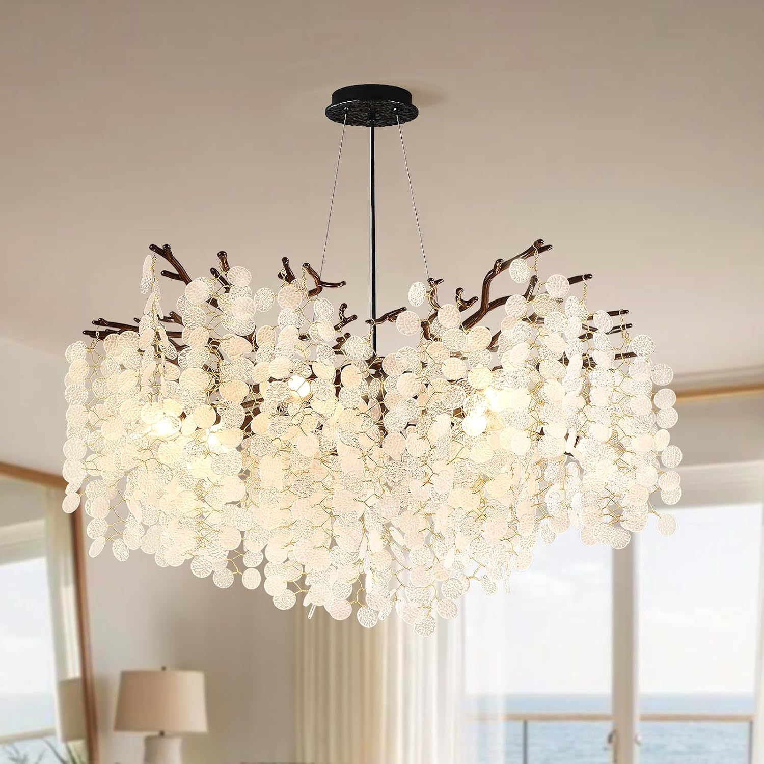 32 Inch Coastal Light Fixture, 10-Light Capiz Shell Chandelier, Modern Black Bedroom Chandeliers, Dining Room Foyer Lighting Fixtures, Boho Chandelier for Living Room Entryway