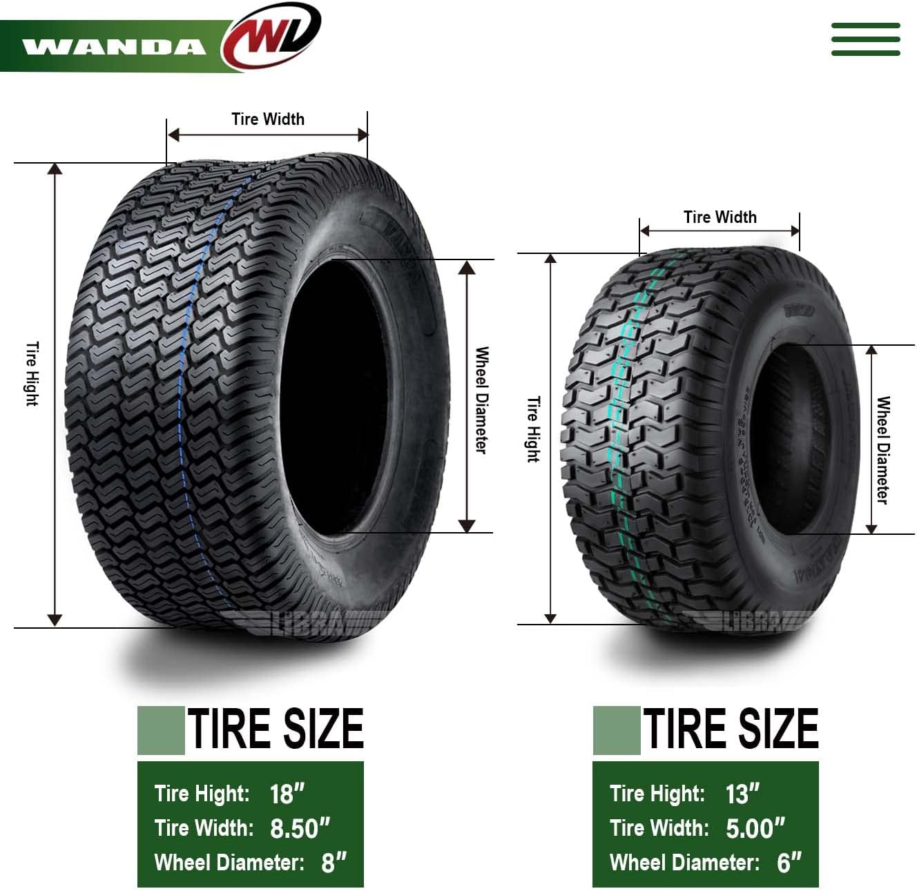 WANDA Set 4 Lawn Mower Turf Tires 13x5-6 Front & 18x8.5-8 Rear /4PR -13106/13028