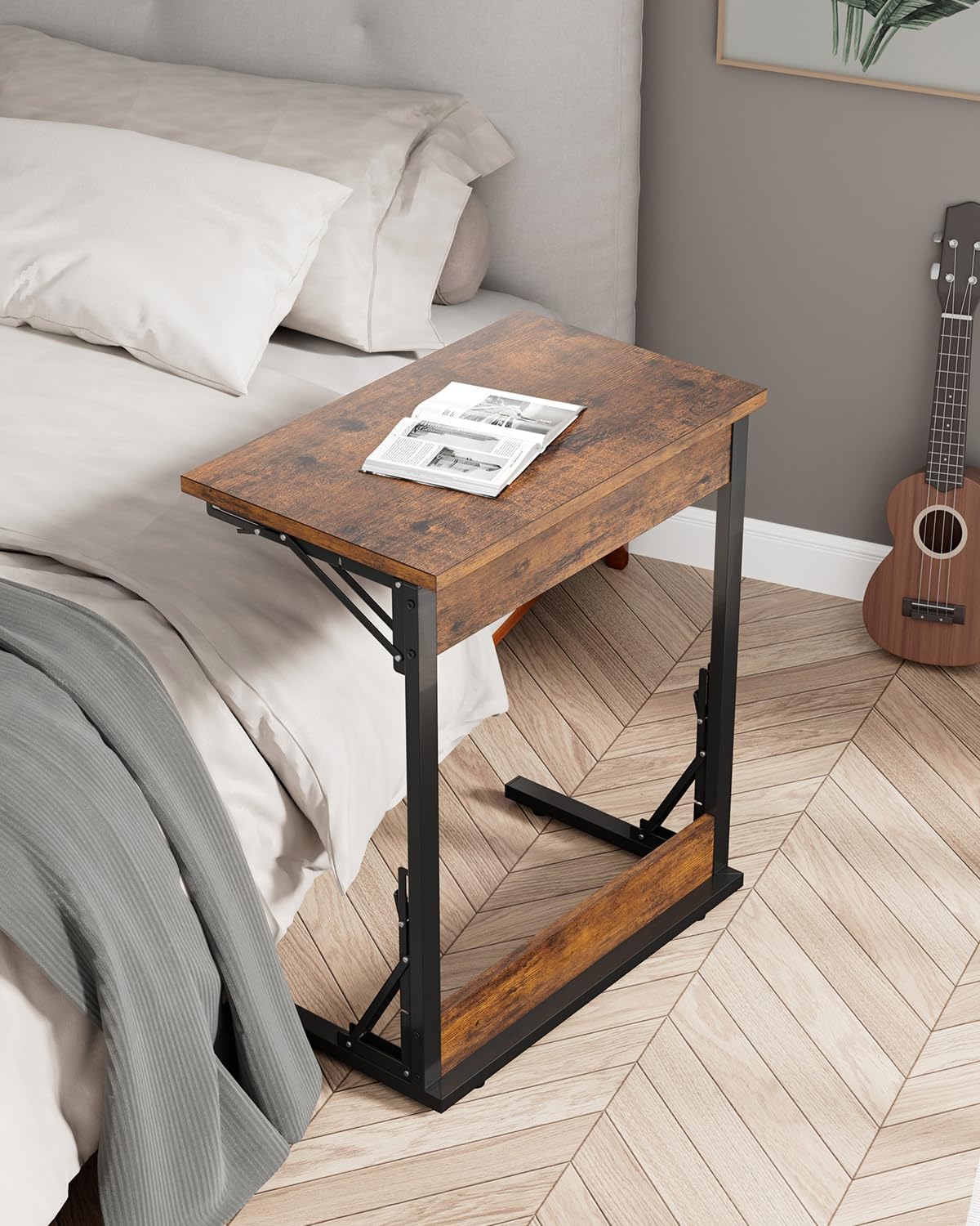 Tatub Folding TV Tray Table Set of 4, 24' Wide C-Shaped End Table for Couches, Small Sofa-Side Laptop Desk with Metal Frame for Living Room, Bedroom, Rustic-Brown