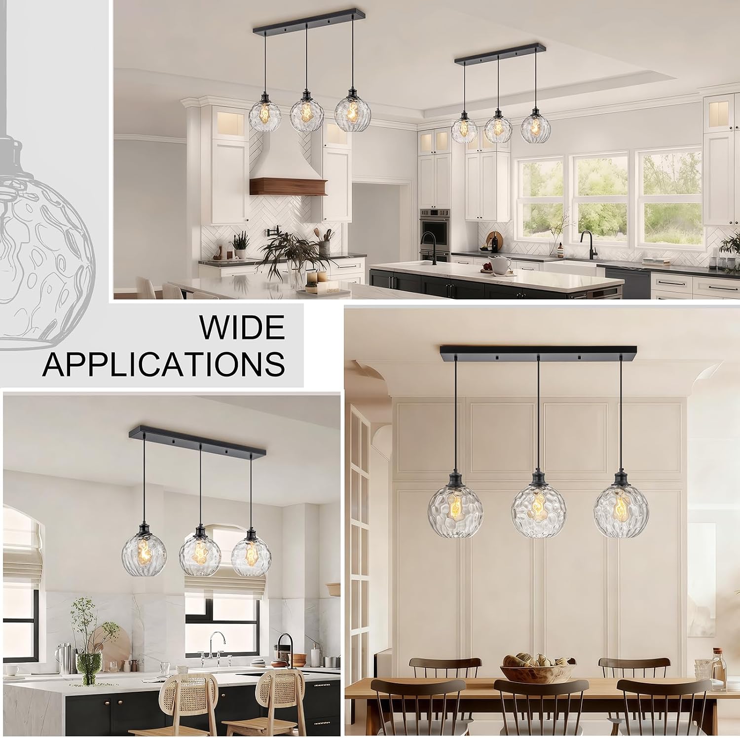 3 Light Pendant Lights Kitchen Island, Black Island Lights for Kitchen, 31.5' Globe Pendant Light with Clear Hammered Glass Shade, Adjustable Farmhouse Hanging Light Fixtures