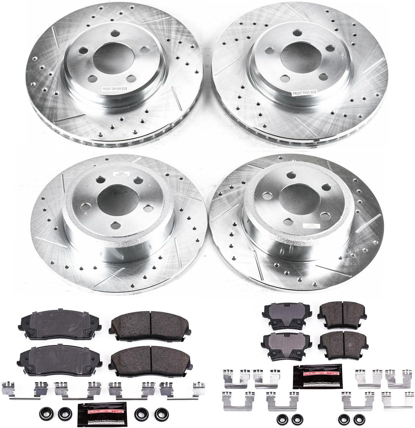 PowerStop Front and Rear Brake Kit for Chrysler 300 2005-23 |Dodge Challenger 2009-23 |Charger 2006-23 - Drilled and Slotted Disc Rotors with Carbon-Fiber Ceramic Brake Pads Replacement, K1715