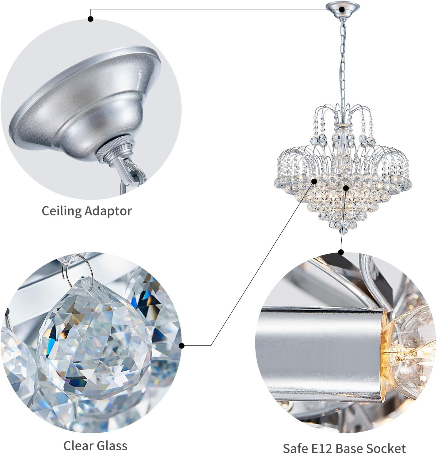 WUZUPS Crystal Chandelier Pendant Flushmount Ceiling Light Modern Lighting Fixture for Bedroom Hallway Bar Kitchen Bathroom, H 17.3' x W 18.9', Silver, E12 Base