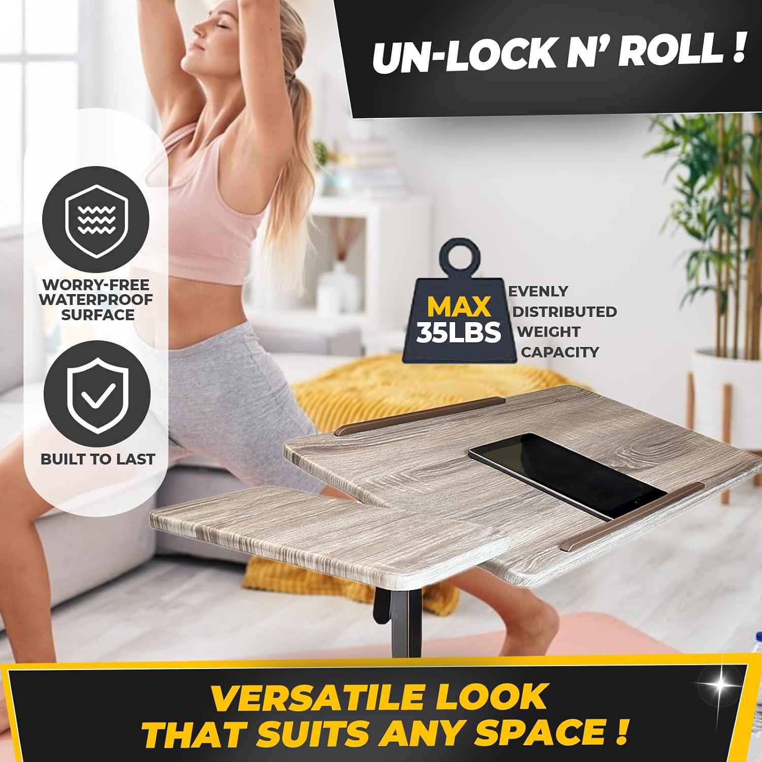 Recliner Table, Over the Bed Table with Wheels, Adjustable Width & Height, with Split Tilt Design & 4 Caster Wheels with Brakes (Beechwood Tabletop, Black Base)